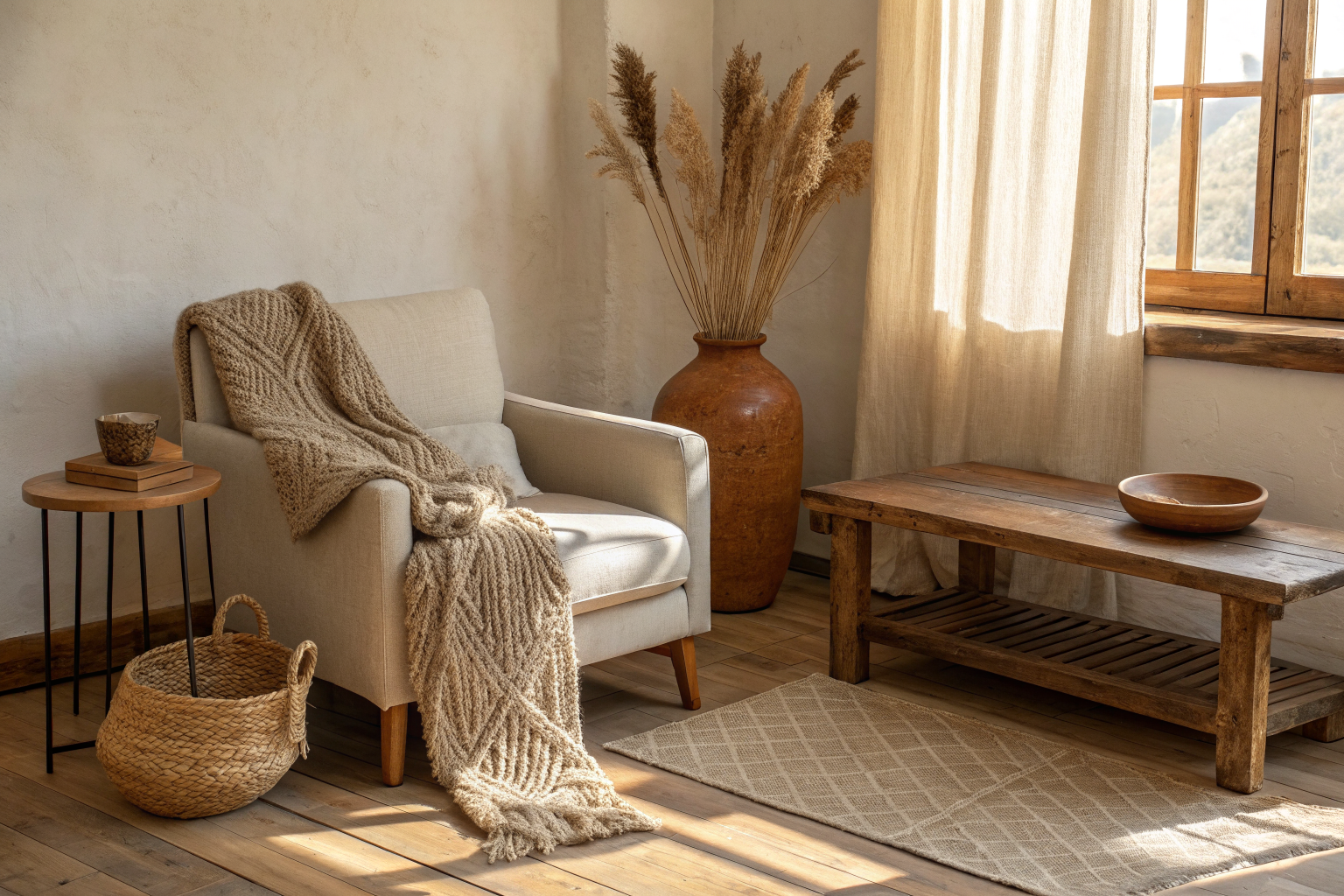 A cozy living room corner styled with a rough terracotta vase, dried pampas grass, chunky knit throw, linen chair, woven jute basket, and a wooden tray showing natural organic textures and earthy tones