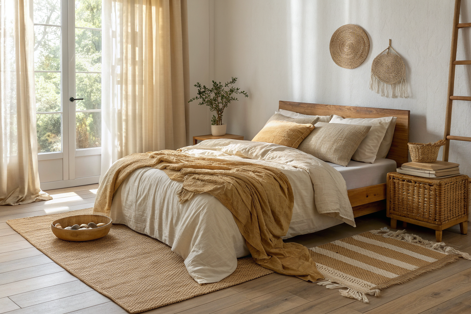 Cozy bedroom styled with natural materials including rumpled linen bedding, a jute rug, wooden accents, and a woven rattan basket in warm afternoon light