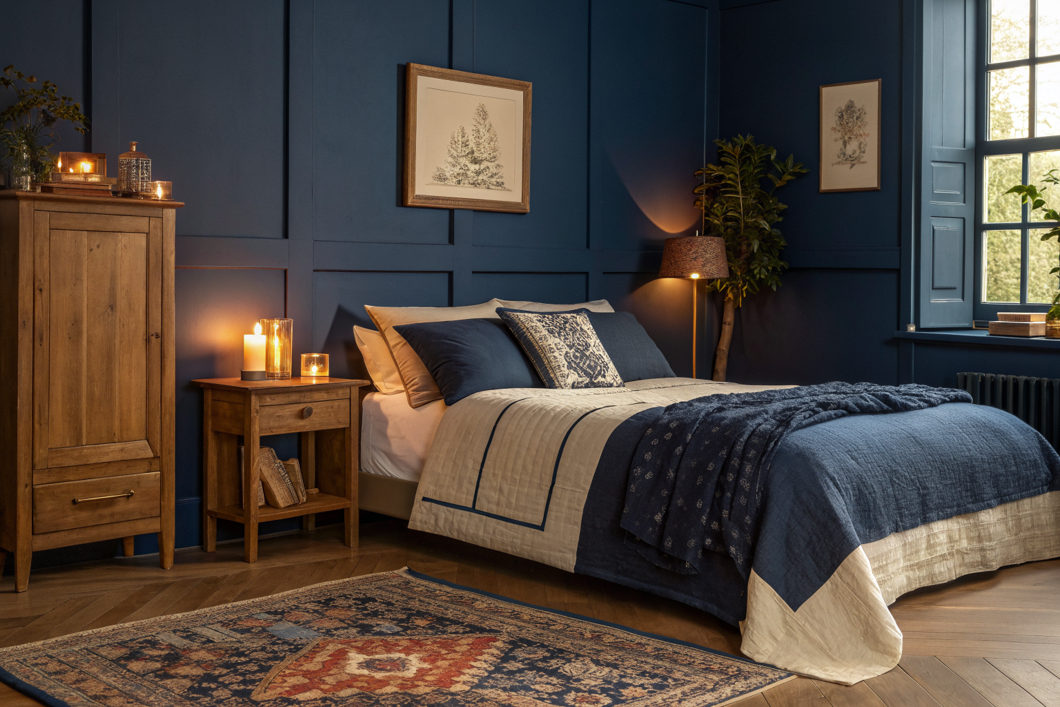 A cozy bedroom with deep navy blue walls, warm layered linen bedding, a glowing bedside lamp, a worn book and candle on the nightstand, and personal touches that make the space feel authentically lived-in