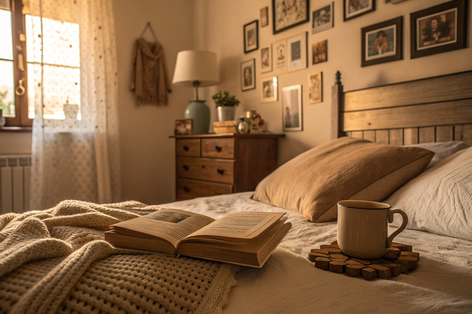 A cozy, warmly lit bedroom styled with personal meaningful objects including books, ceramics, a knit throw, and gallery wall photos, evoking a deeply authentic and lived-in feeling
