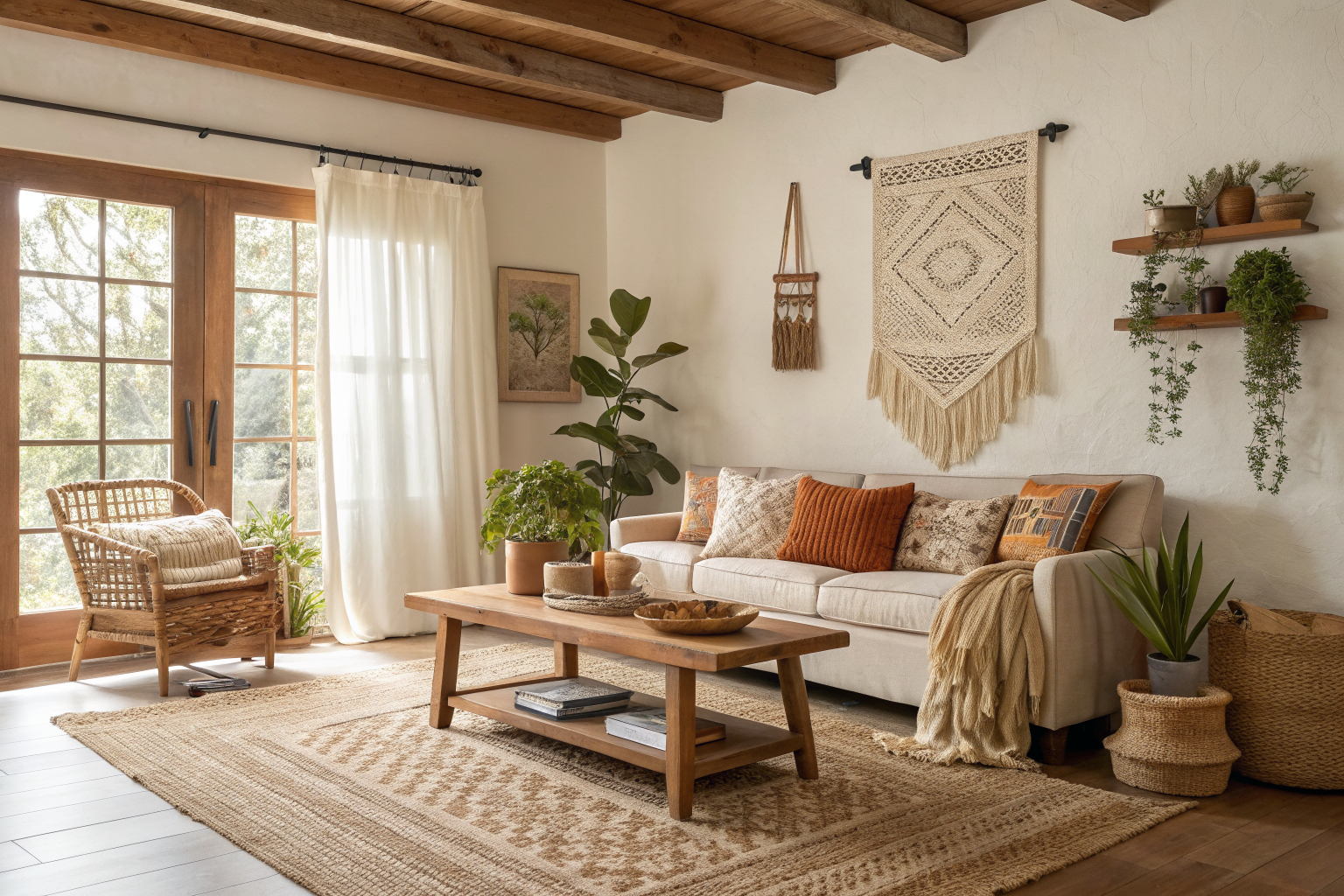 A warm and lived-in bohemian living room with a woven jute rug, linen curtains, macramé wall art, rattan chair, and healthy houseplants styled in earthy tones