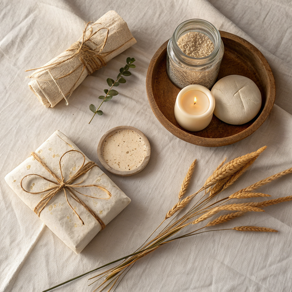 Four handmade home decor pieces including a clay dish, linen-wrapped jar, dried botanical bundle, and plaster bookends arranged on a natural wood surface in warm neutral tones