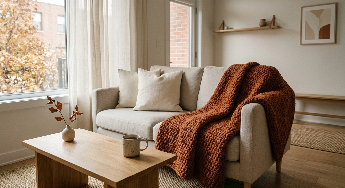 A rust-colored chunky crochet throw draped over a neutral linen sofa in a minimal, warmly lit living room with no other seasonal decor