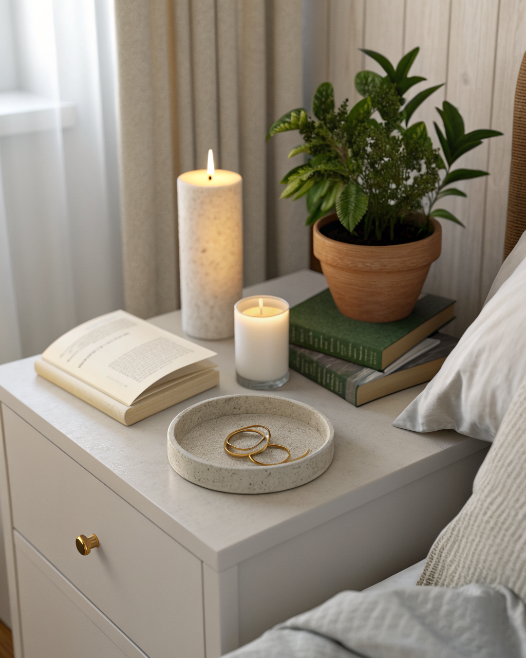 A styled nightstand with a small tray holding a candle, ring dish, and book beside a terracotta potted plant on a clean bedroom surface
