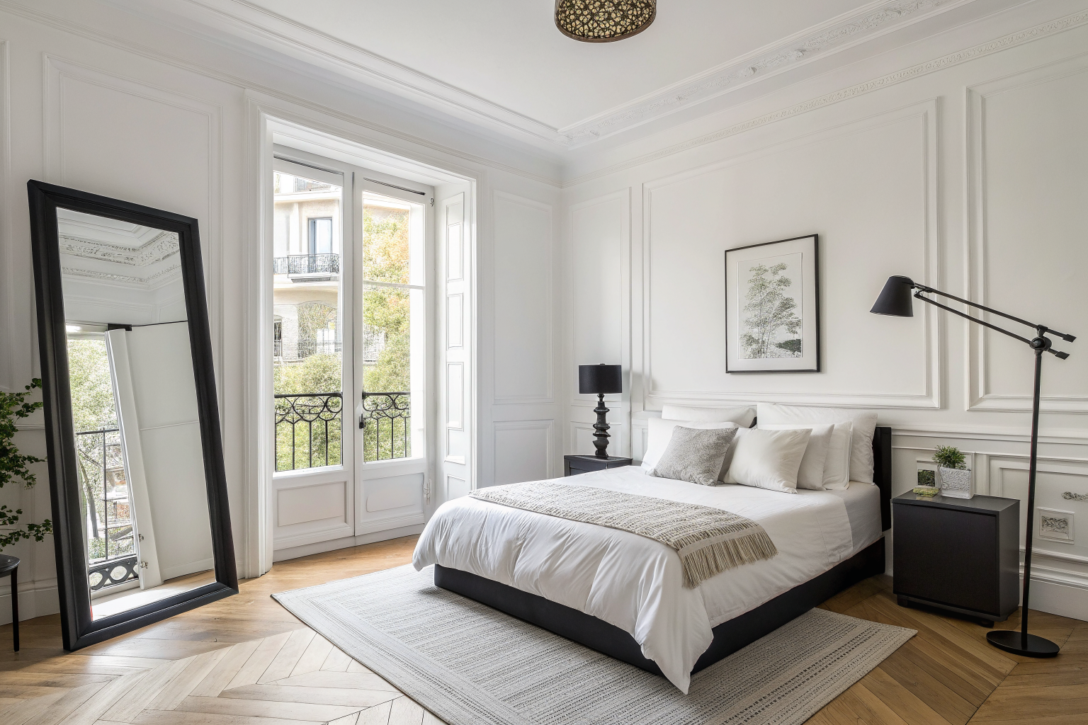 A small bedroom decorated in black and white with a large black-framed mirror, slender black floor lamp, and white walls creating an airy and spacious feel