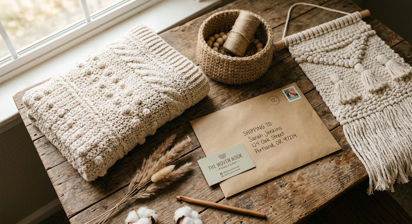 Handmade crochet wall hanging, jute basket, and chunky throw blanket displayed on a wooden surface next to an Etsy shop packaging envelope