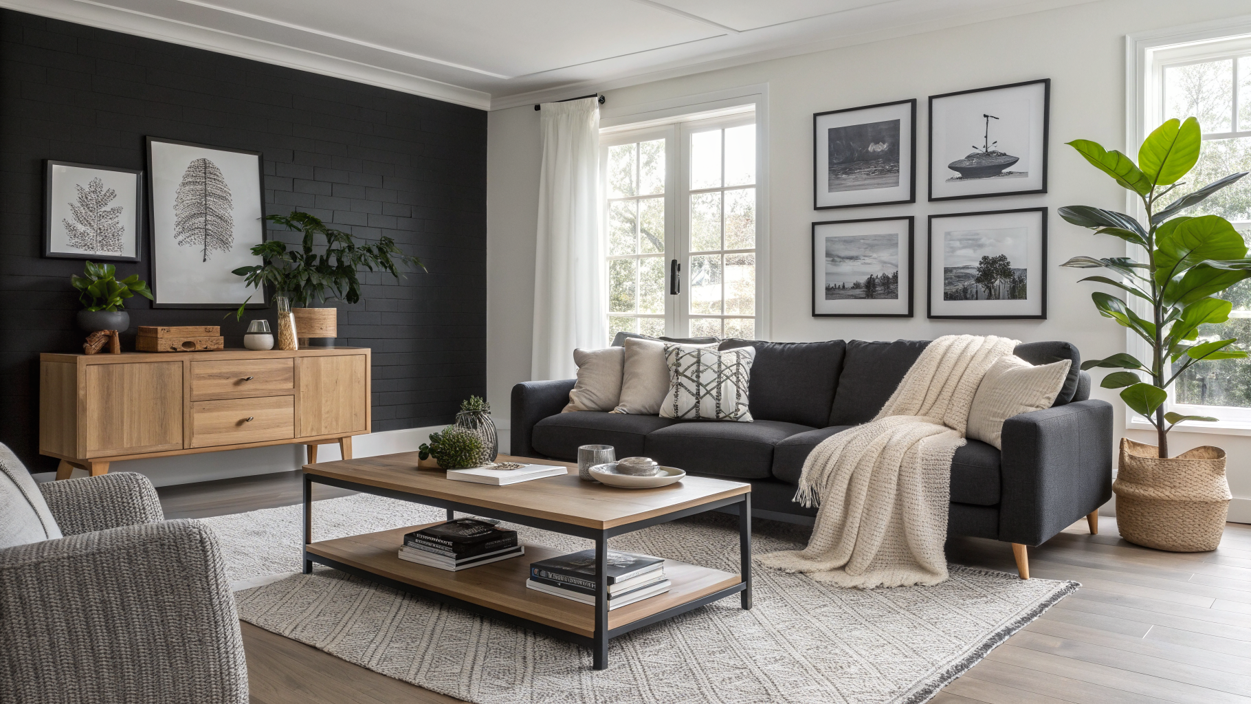 A warm and curated black and white living room with textured fabrics, natural wood accents, a fiddle leaf fig plant, and soft ambient lighting that makes the space feel personal and inviting