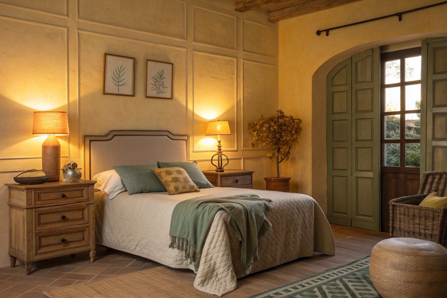 A cozy bedroom with warm cream walls, dusty sage accents, and terracotta decor details glowing under soft evening lamplight