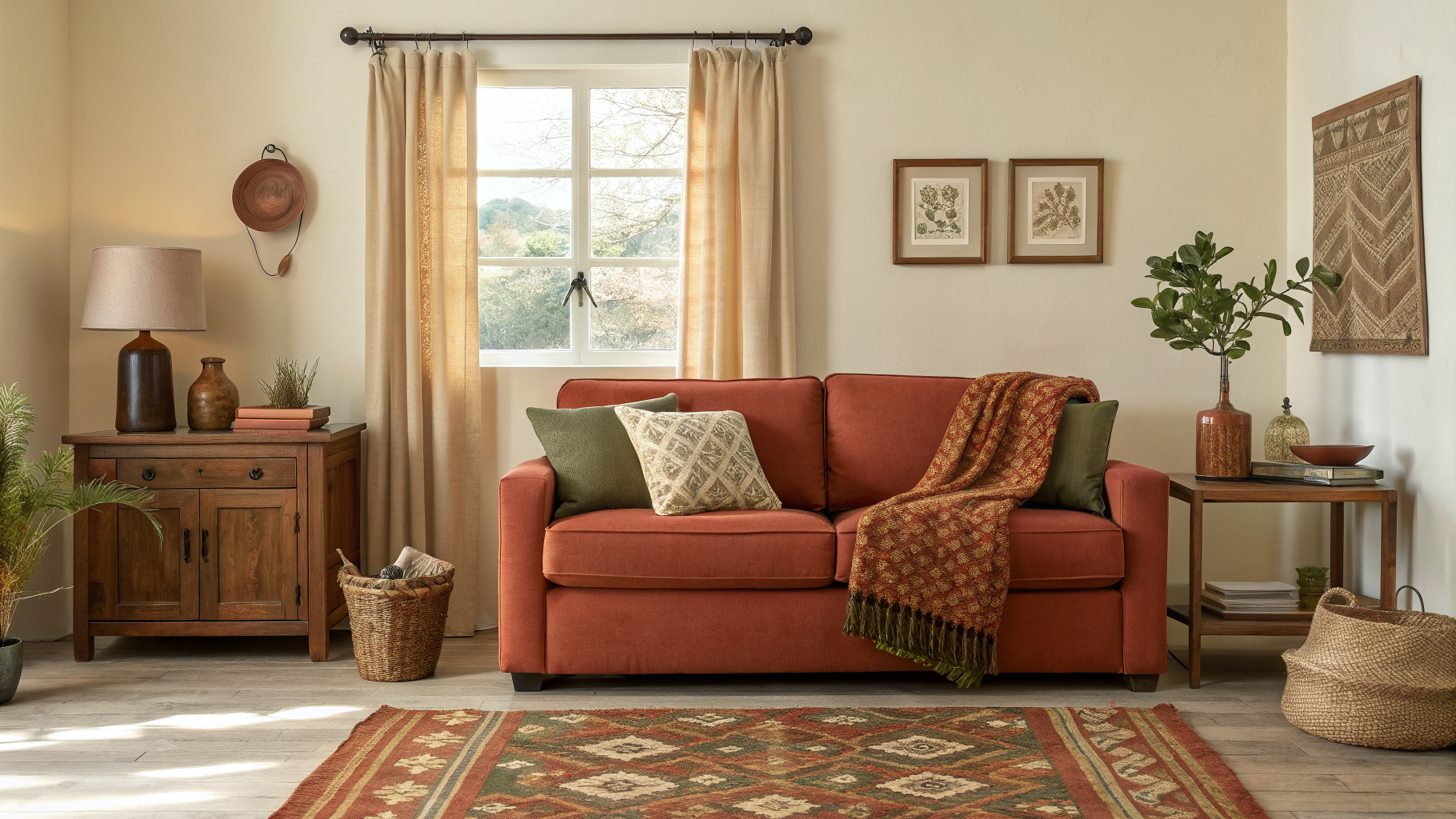 A cozy living room styled with a warm terracotta, rust, and cream color palette, featuring a linen sofa, chunky knit throw, and a single patterned rug with solid surrounding decor