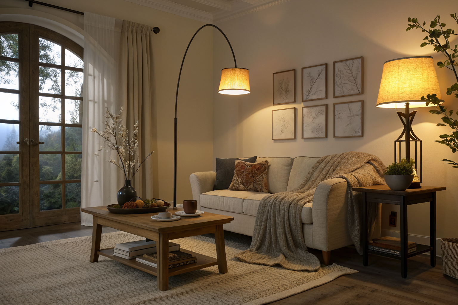 A cozy living room lit by two warm amber table and floor lamps at eye level, with no overhead lighting, creating an intimate and inviting atmosphere
