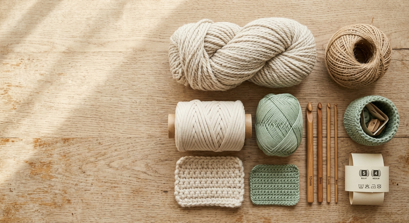 Flat lay of assorted natural yarn fibers including chunky wool, jute, cotton, and T-shirt yarn arranged with crocheted swatches and wooden crochet hooks on a light wood surface