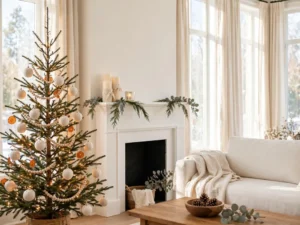 Bright living room styled with simple Christmas home decor including a cedar-topped mantel and a neutral tree