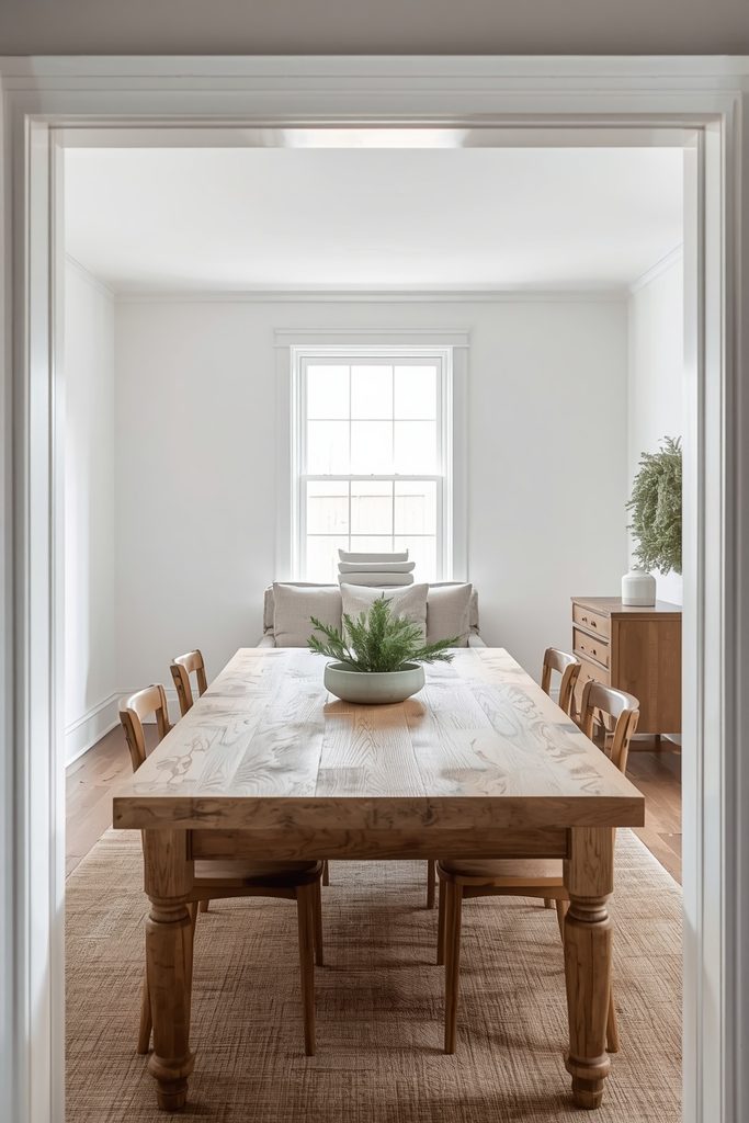 Edited dining room showing restrained rustic Christmas home decor with one sage green hero arrangement