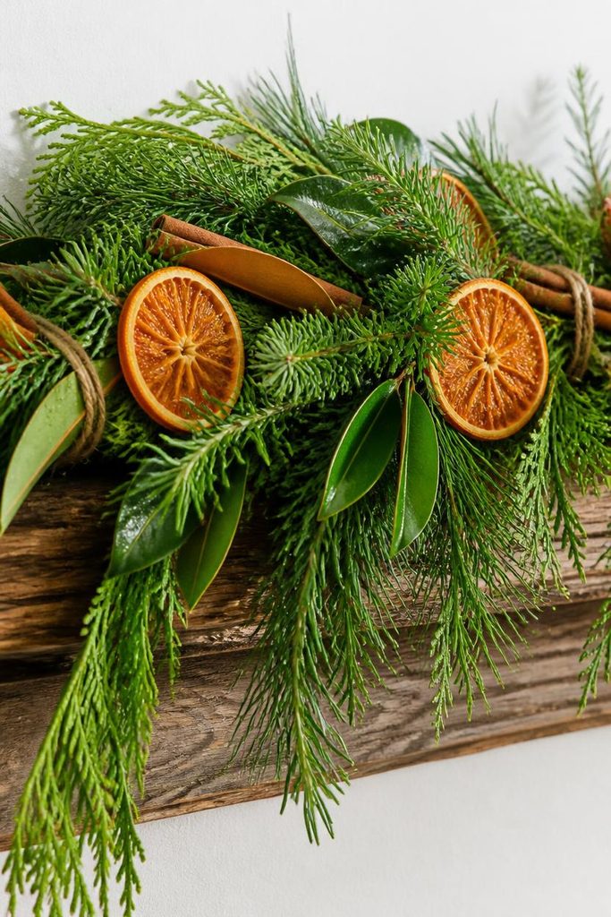 Close-up of a foraged cedar and pine garland with dried orange slices for rustic Christmas home decor