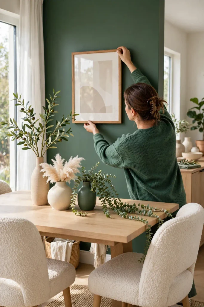 Woman adjusting art lower on wall to show home decor ideas dining room that actually transform space