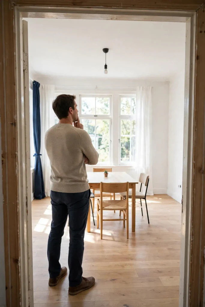 Man assessing dining room scale and light showing home decor ideas dining room that start with the bones