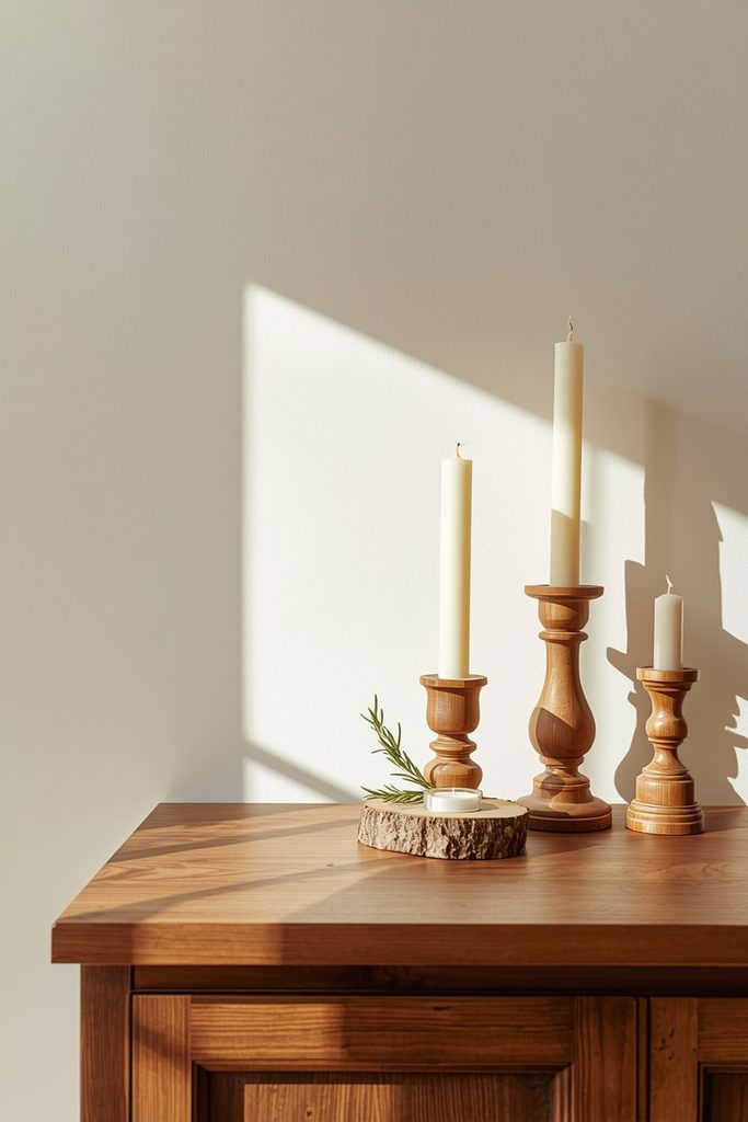 Three mismatched wooden candleholders grouped off-center as simple rustic Christmas home decor