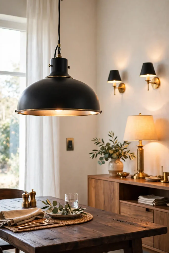 Pendant hanging low over table with sconces and buffet lamp showing home decor ideas dining room lighting