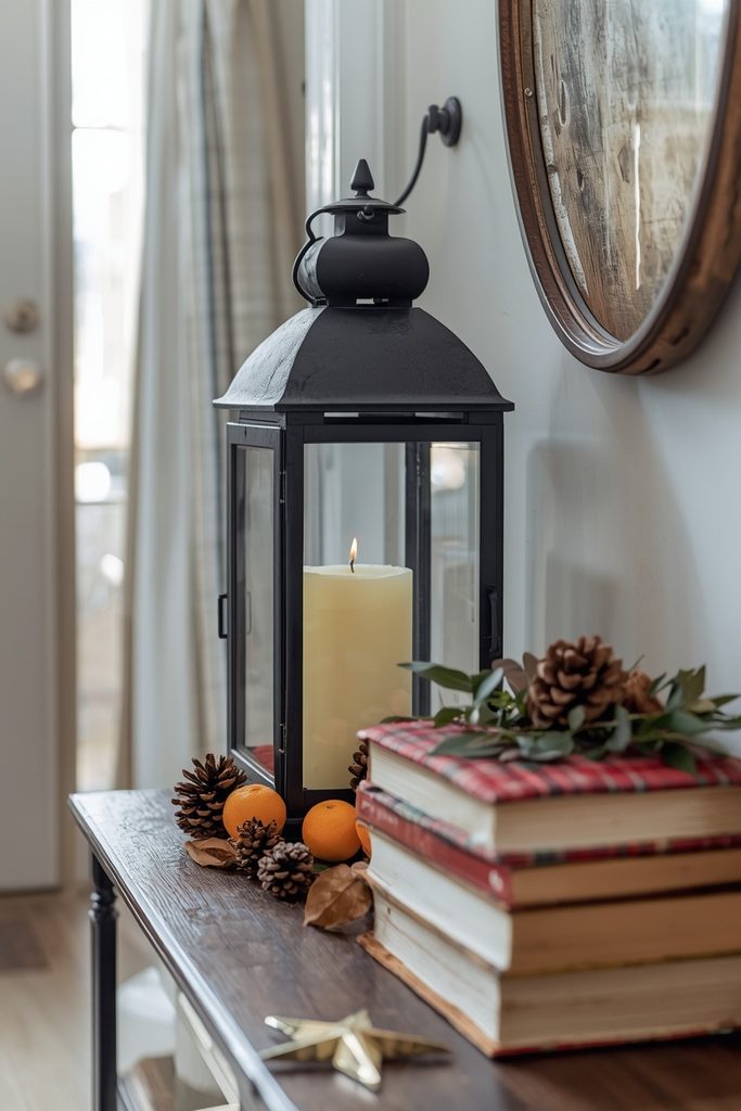 Black iron lantern vignette with pinecones and clementines styling rustic Christmas home decor