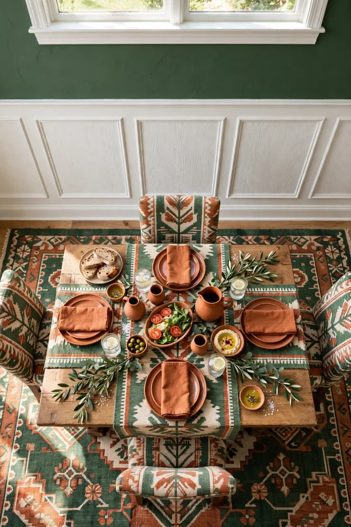 Dining table set against deep sage wall with wainscoting showing home decor ideas dining room color schemes
