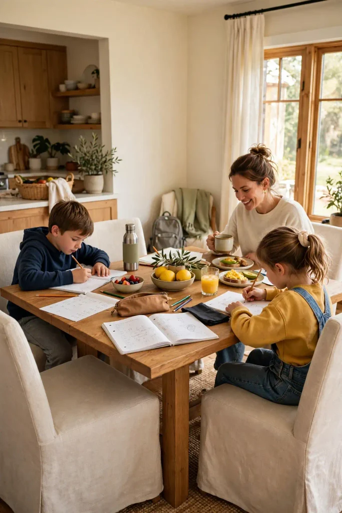 Family using dining table for homework and breakfast showing home decor ideas dining room for real lifestyle