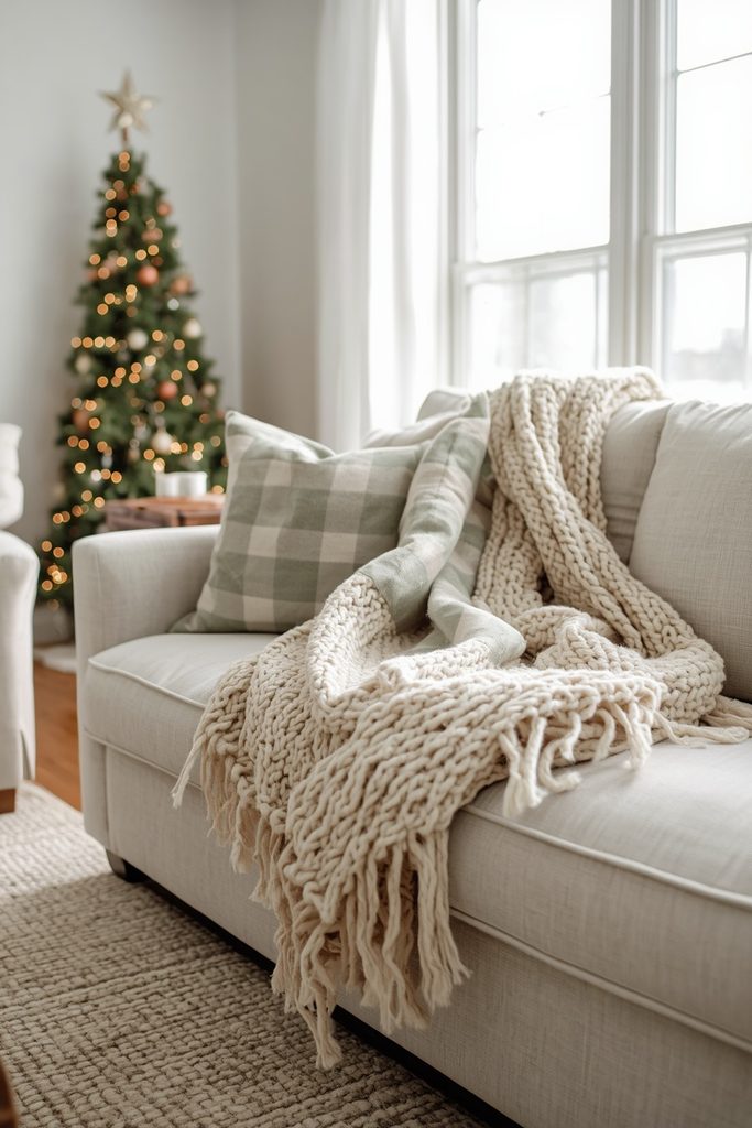 Sage plaid and chunky cream throws draped over a sofa as cozy rustic Christmas home decor