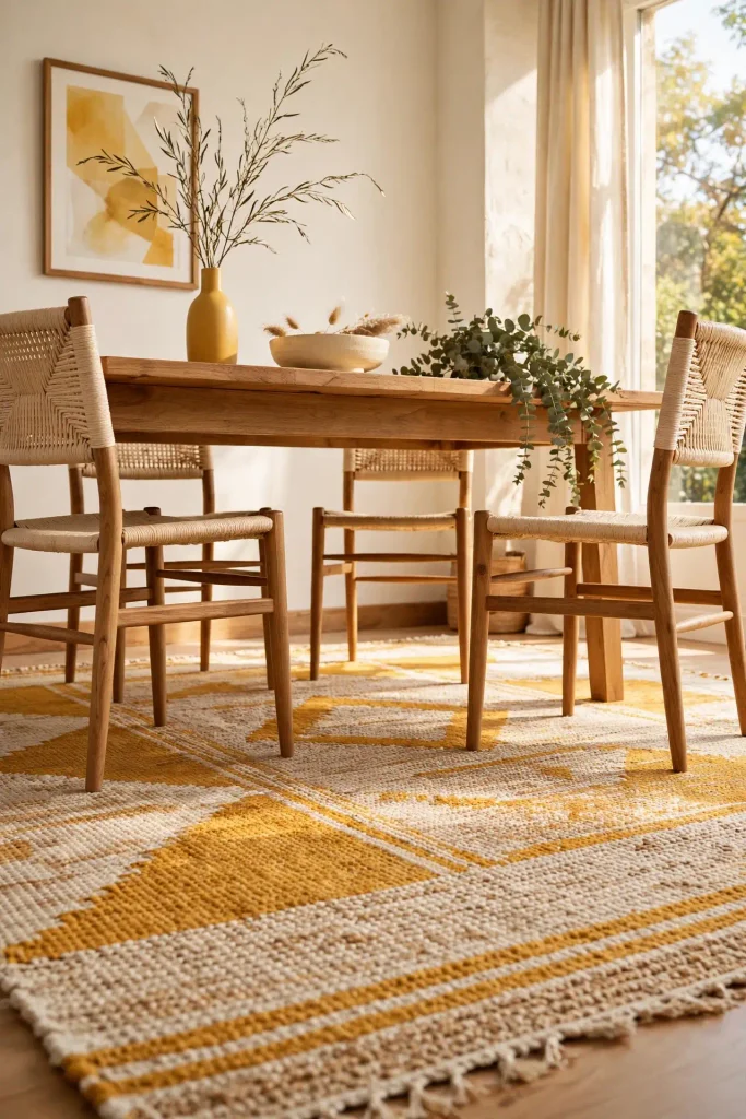 Rug under dining chairs with art hung low and three-height centerpiece showing home decor ideas dining room details