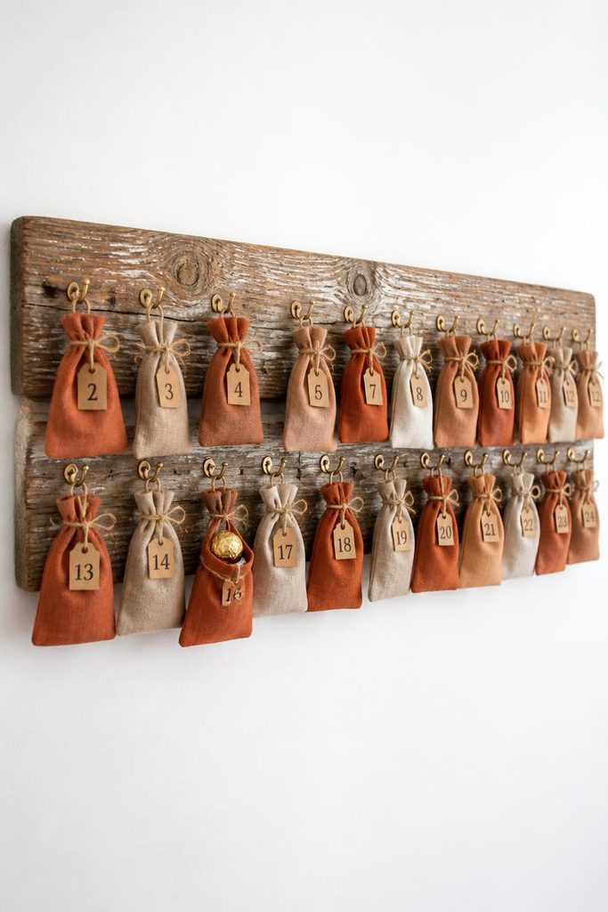 Reclaimed wood advent plank with linen pouches hung on a wall as rustic Christmas home decor