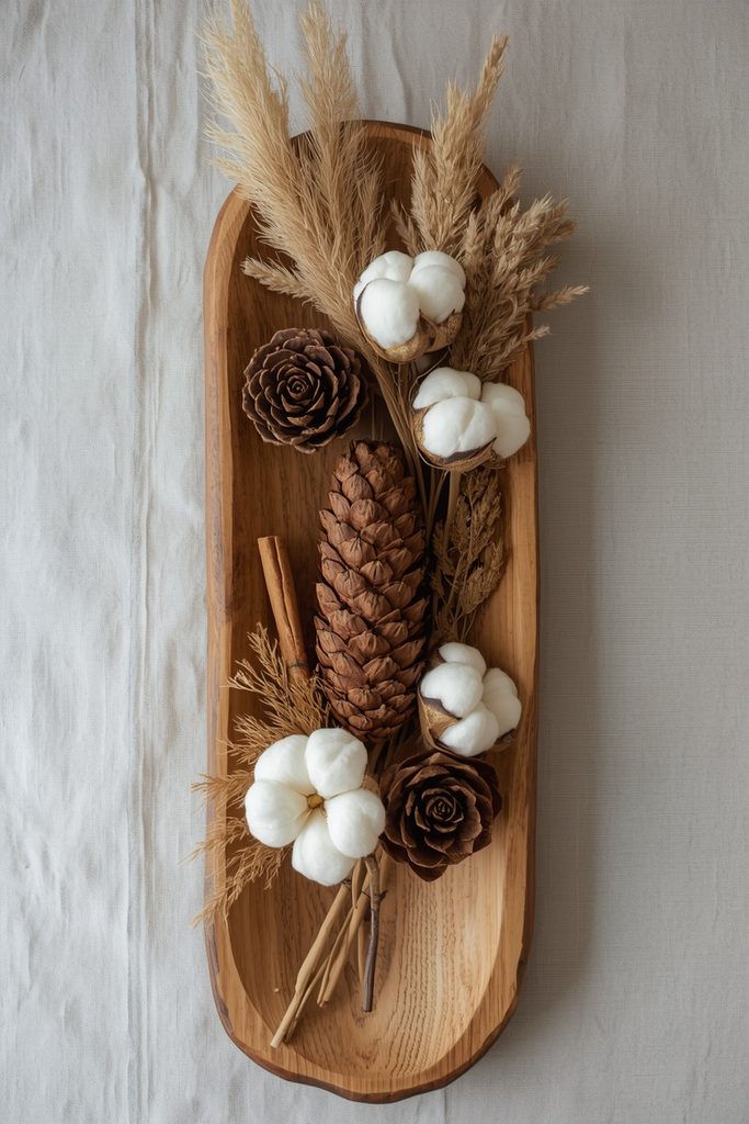 Wooden dough bowl of pinecones and dried botanicals styled as rustic Christmas home decor