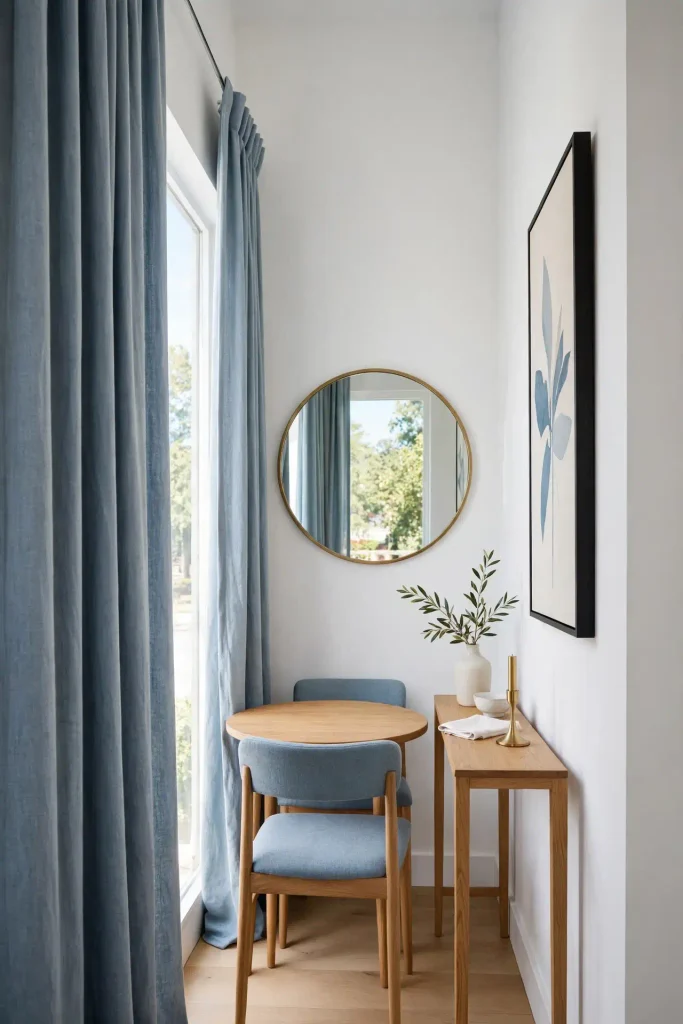 Narrow dining nook with tall curtains and round mirror showing home decor ideas dining room for small spaces