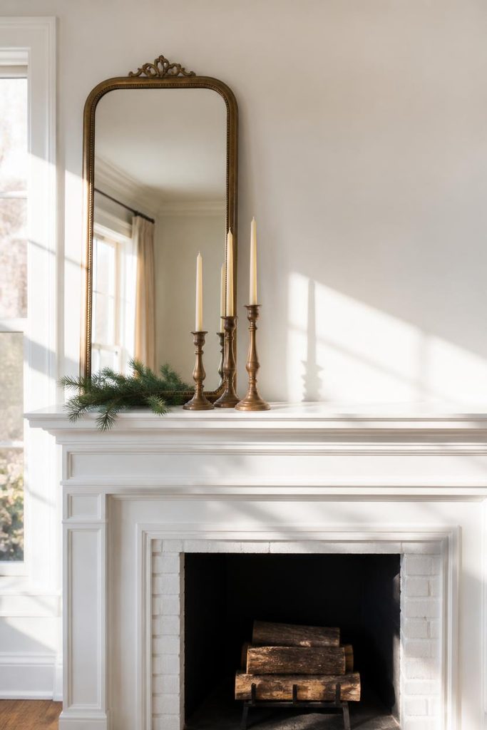 Minimal mantel with a leaning mirror and brass accents showing restrained rustic Christmas home decor