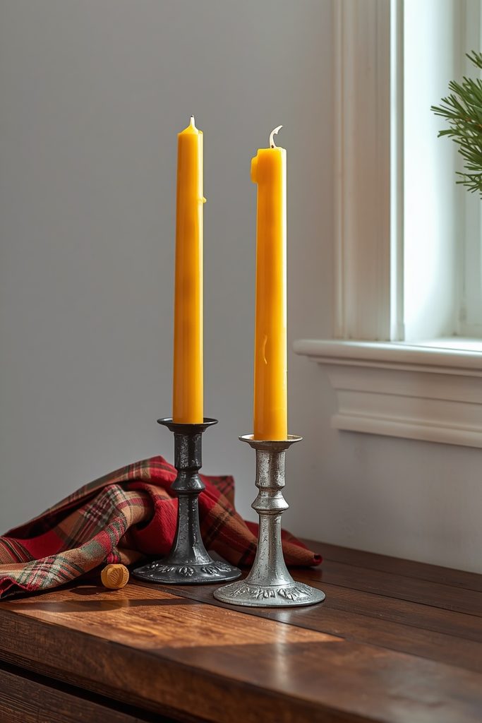 Beeswax taper candles in tarnished iron holders finishing a rustic Christmas home decor sideboard