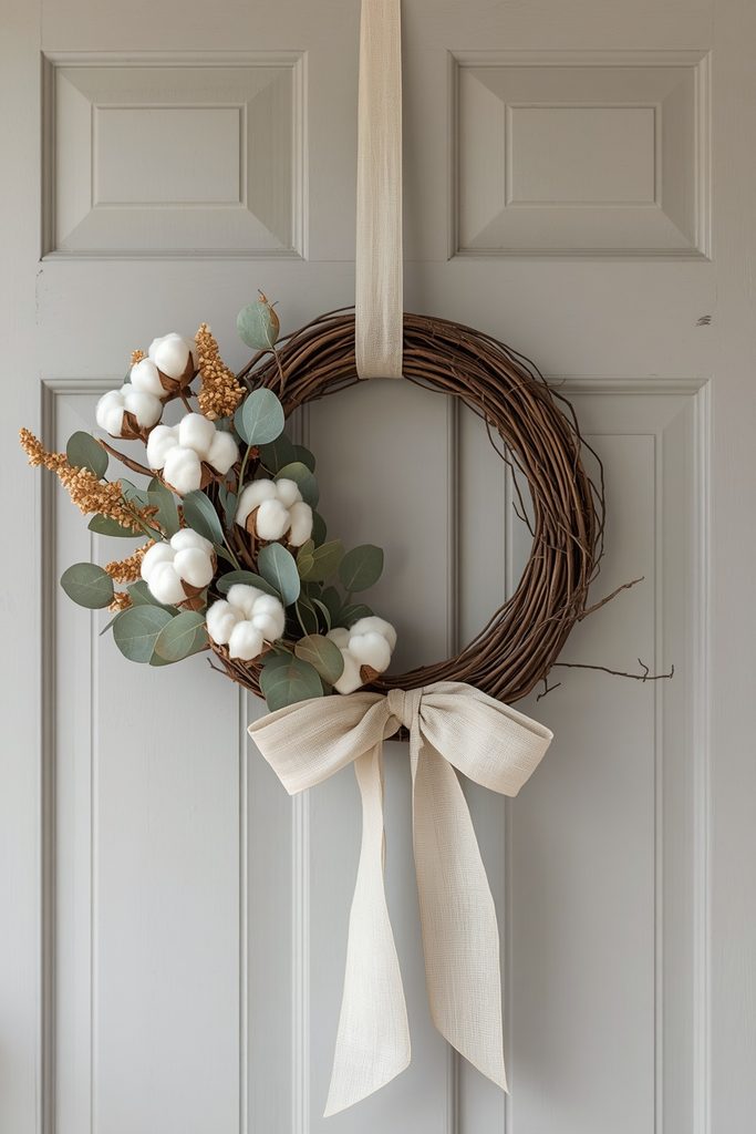 Neutral grapevine wreath with cotton stems and linen ribbon hung on a door as rustic Christmas home decor