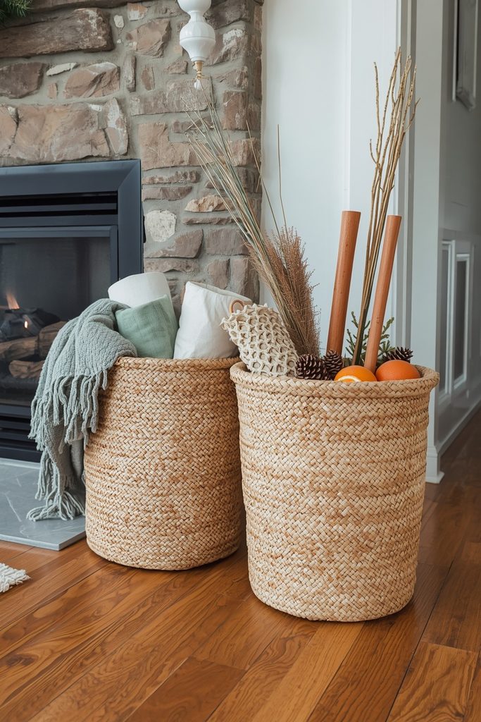 Large seagrass baskets holding rolled blankets and pinecones as practical rustic Christmas home decor