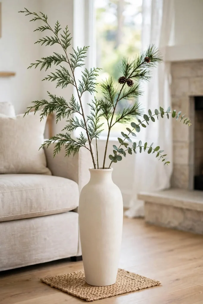 all cream vase with evergreen cedar and pine stems on floor showing christmas home decor ideas living room floor accent.