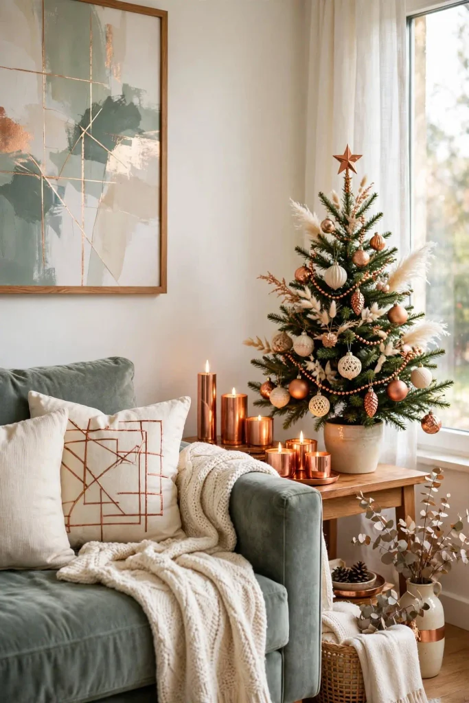 Stylish Christmas home decor ideas with sage green sofa and copper palette that looks designer