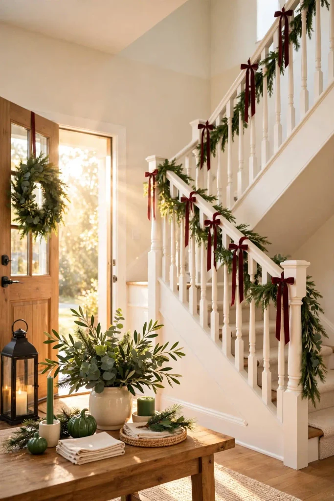Entryway and staircase decorated with Christmas home decor ideas using garland and burgundy ribbon