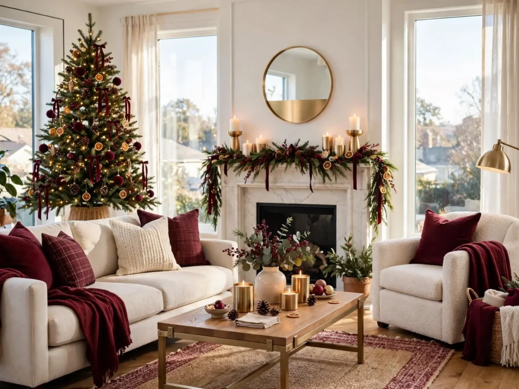 Bright living room showing christmas home decor ideas that look expensive but are budget friendly