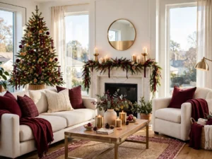 Bright living room showing christmas home decor ideas that look expensive but are budget friendly