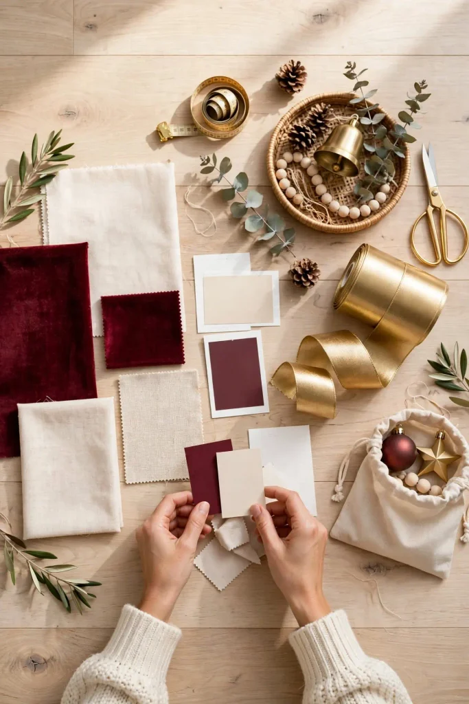 Planning christmas home decor ideas with intentional color scheme swatches and brass ribbon