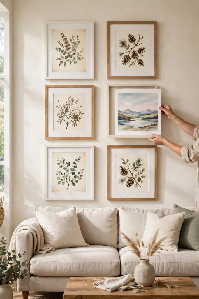 Gallery wall with swapped botanical pine cone prints and landscape showing Christmas home decor ideas living room wall refresh.