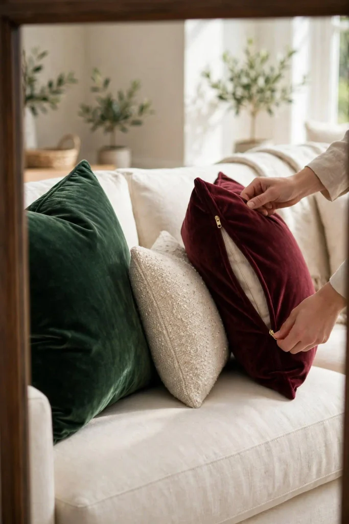 Burgundy and deep green velvet pillow covers on cream sofa showing Christmas home decor ideas living room pillow swap.