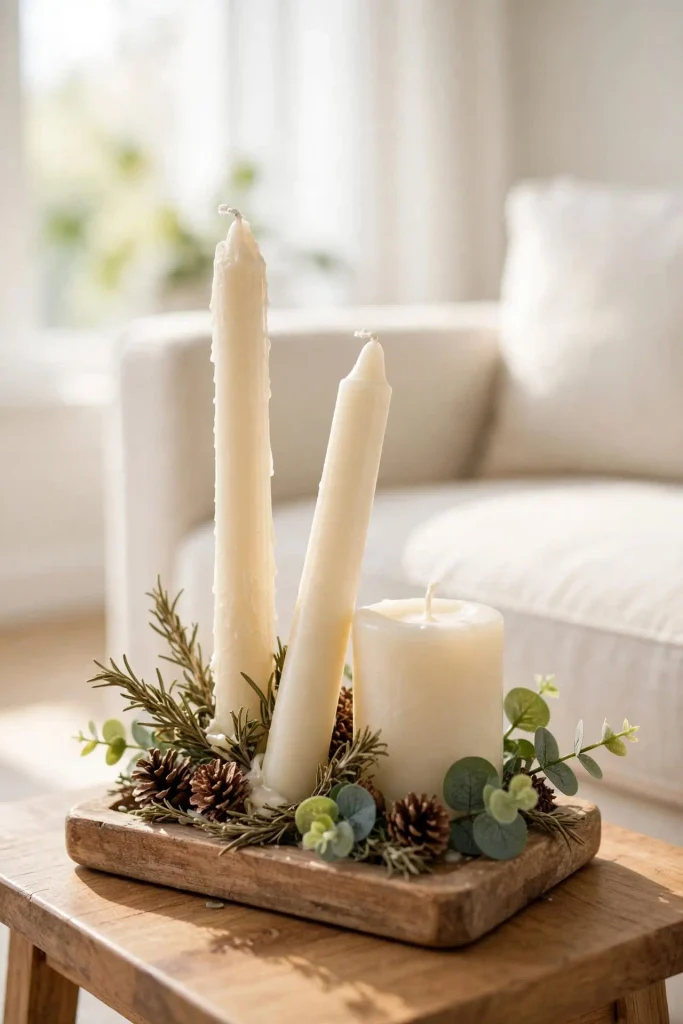 Ivory candle cluster on wooden tray with pinecones and greenery showing Christmas home decor ideas living room candlelight vignette.