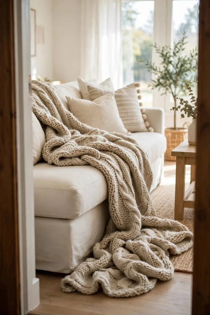 Cream chunky knit throw draped loosely over sofa showing Christmas home decor ideas living room texture styling.