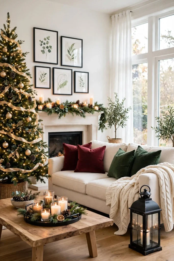Full living room Christmas reveal with tree mantel pillows throw candles showing complete Christmas home decor ideas living room styling.