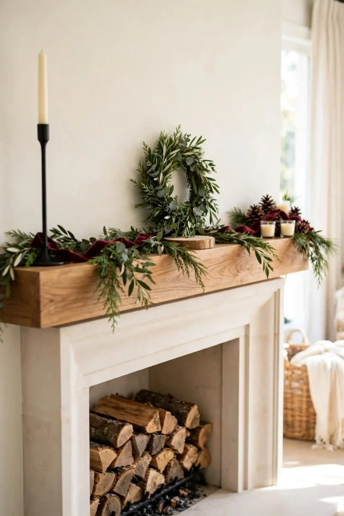 Layered neutral Christmas mantel with three heights and burgundy ribbon showing Christmas home decor ideas living room fireplace styling.