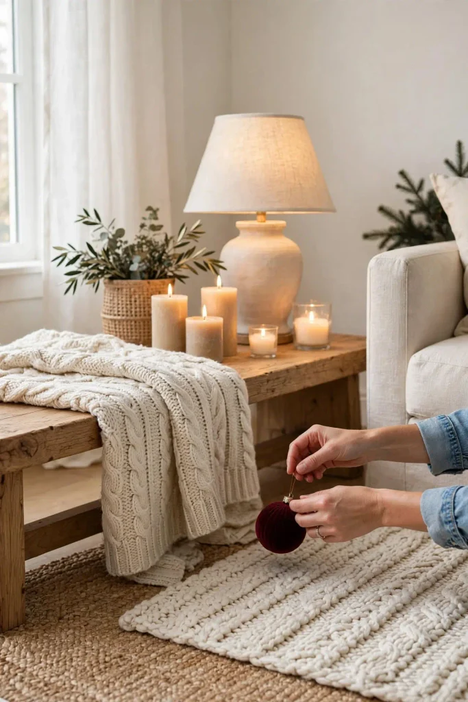 Layered neutral textures and warm candlelight demonstrating Christmas home decor ideas living room layering technique.