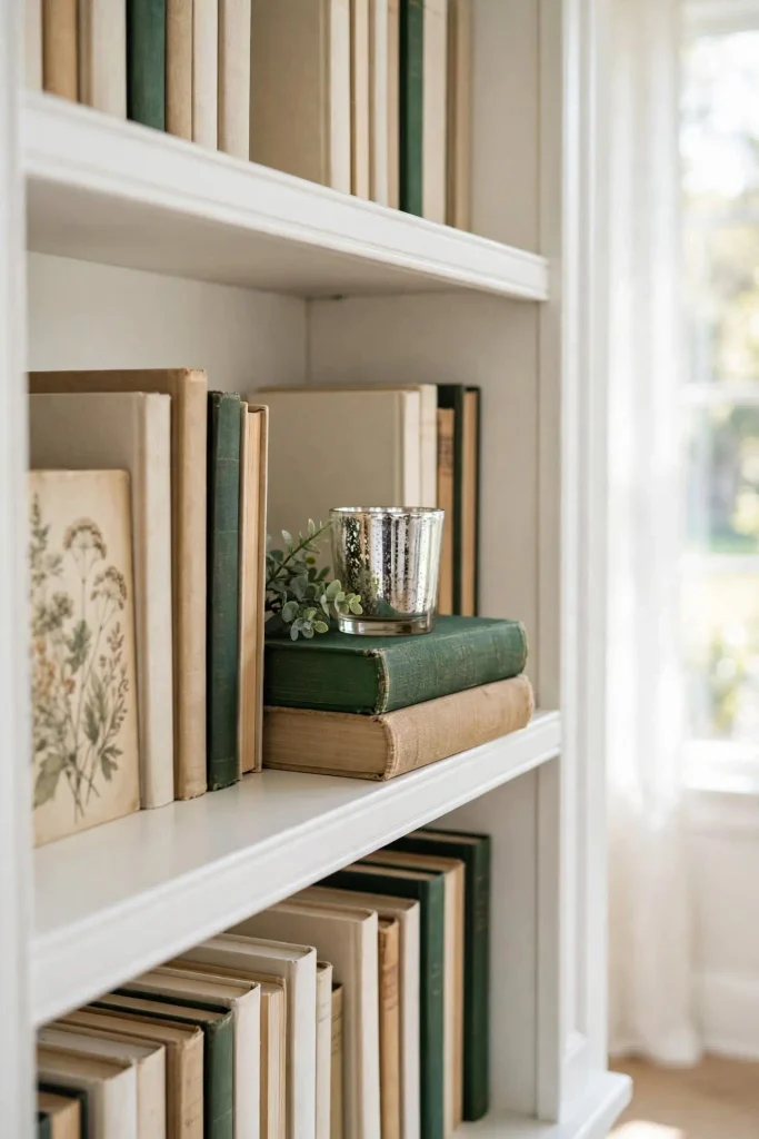 Stacked vintage books with mercury glass votive on bookshelf showing Christmas home decor ideas living room bookshelf styling.