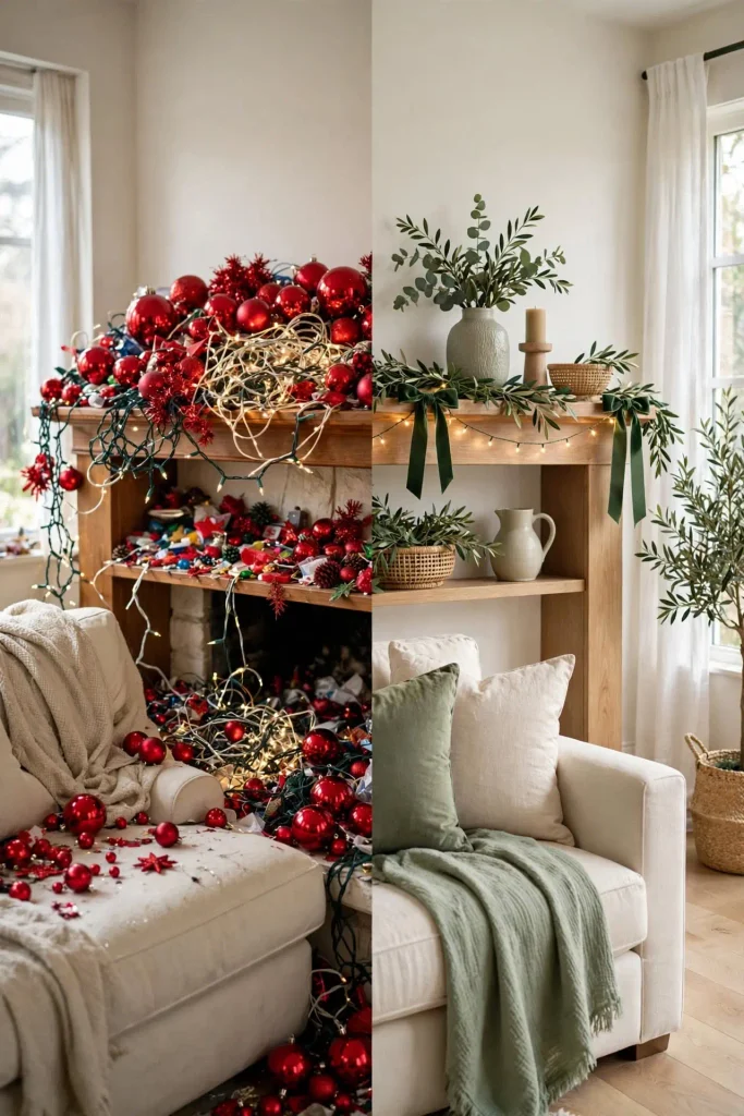 Split comparison of cluttered cheap Christmas decor vs curated minimal styling showing mistakes that make budget decor look cheap.