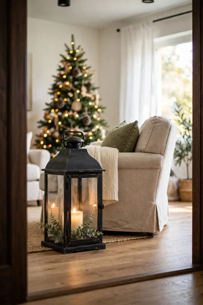 Oversized black lantern on living room floor with candle glow and Christmas tree in background showing Christmas home decor ideas living room lighting.